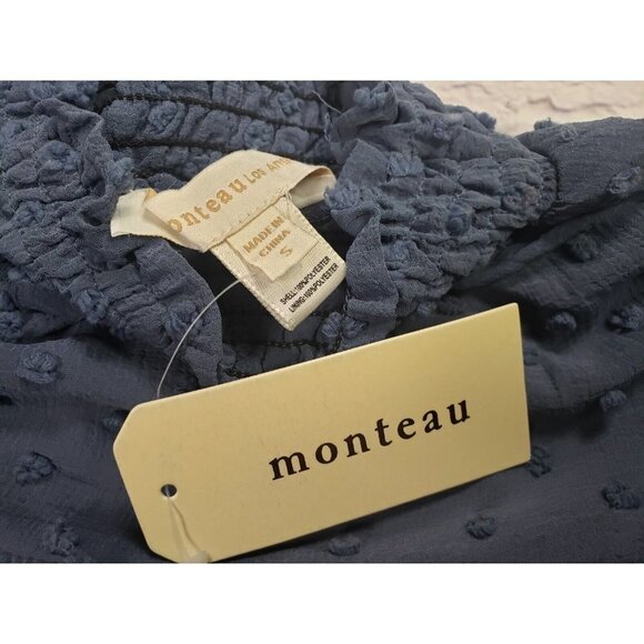 Monteau Womens Size Small Blue 3/4 Sleeve Swiss Dot Semi Sheer Blouse - Picture 6 of 8